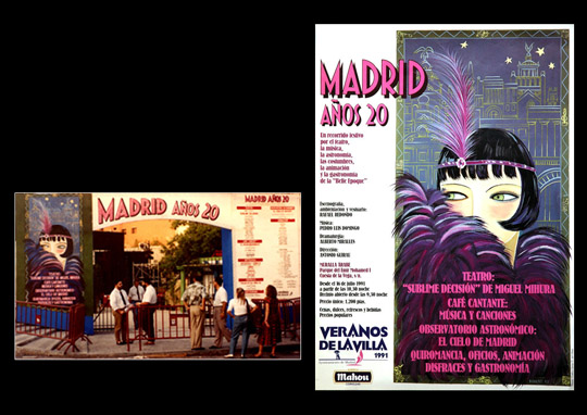 Veranos de la Villa. Año 1991. Cartel Madrid Años 20. Veranos de la Villa. Año 1991. Espectáculos culturales en la Muralla árabe de Madrid (Jardines del Emir Mohamed I). Patrocinado por el Centro Cultural de la Villa. (Comunidad de Madrid) y el Ayuntamiento de Madrid (Concejalía de Cultura).